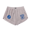 Y,IWO x Ace Hotel grey bodybuilding quad shorts with a 2.25-inch inseam, curved athletic hems, blue vintage strongman graphics by Ariel Roman, and elastic waistband.