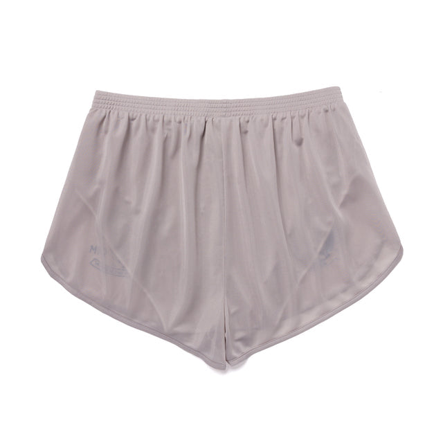 Back view of Y,IWO x Ace Hotel grey microfiber bodybuilding quad shorts featuring an elastic waistband, curved side hems, and a short 2.25-inch inseam.