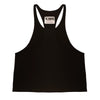 Back view of the Y,IWO Big Boy Club Stringer Tank in black 100% cotton. Classic bodybuilding gym tank featuring narrow shoulder straps, deeply cut armholes, and an open stringer silhouette designed to expose the upper back, shoulders, and lats. Part of Y,IWO's Big Boy Club collection featuring original archive artwork by Ric Drasin.