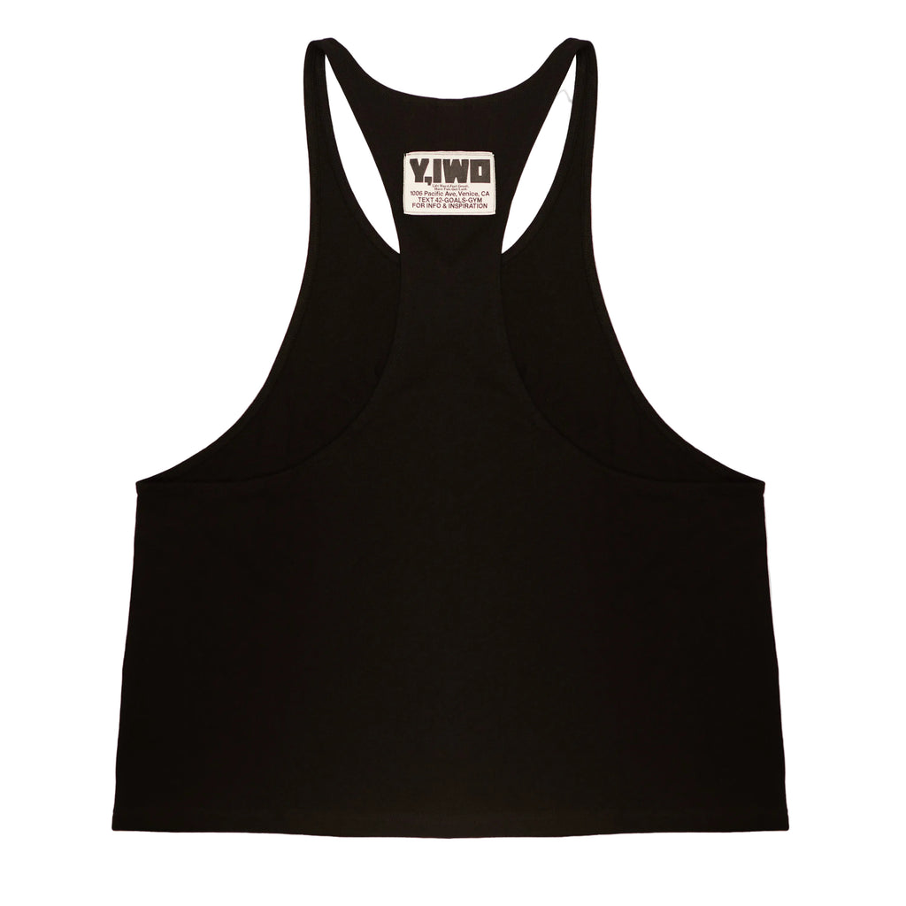 Back view of the Y,IWO Big Boy Club Stringer Tank in black 100% cotton. Classic bodybuilding gym tank featuring narrow shoulder straps, deeply cut armholes, and an open stringer silhouette designed to expose the upper back, shoulders, and lats. Part of Y,IWO's Big Boy Club collection featuring original archive artwork by Ric Drasin.