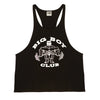 Y,IWO Big Boy Club Stringer Tank in black 100% cotton with original white bodybuilding artwork by Ric Drasin, the artist behind the original Gold's Gym logo. Classic deep-cut bodybuilding tank with narrow shoulder straps and open armholes designed to expose muscular shoulders, chest, and lats. Part of Y,IWO's Big Boy Club collection inspired by Golden Era Muscle Beach culture.