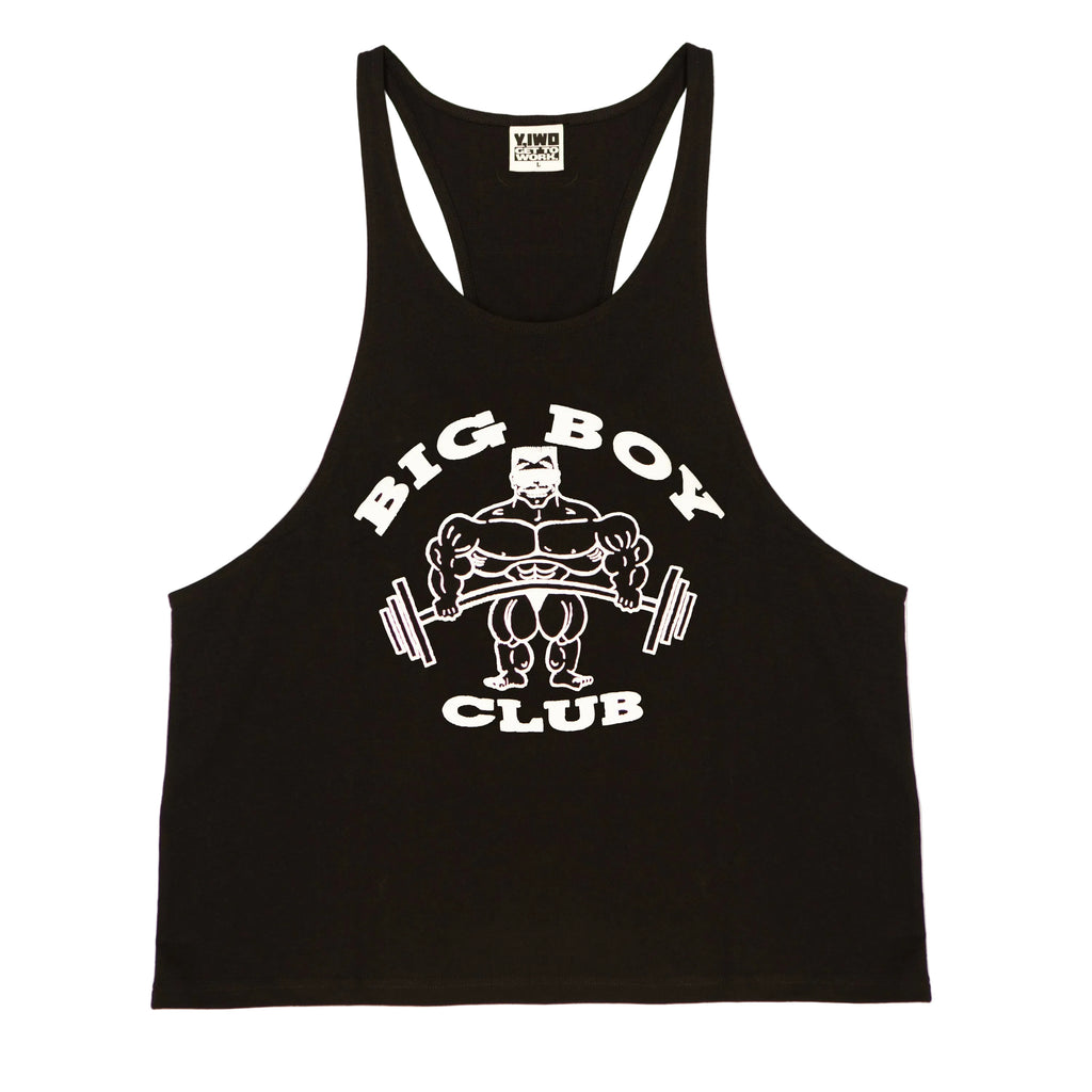 Y,IWO Big Boy Club Stringer Tank in black 100% cotton with original white bodybuilding artwork by Ric Drasin, the artist behind the original Gold's Gym logo. Classic deep-cut bodybuilding tank with narrow shoulder straps and open armholes designed to expose muscular shoulders, chest, and lats. Part of Y,IWO's Big Boy Club collection inspired by Golden Era Muscle Beach culture.