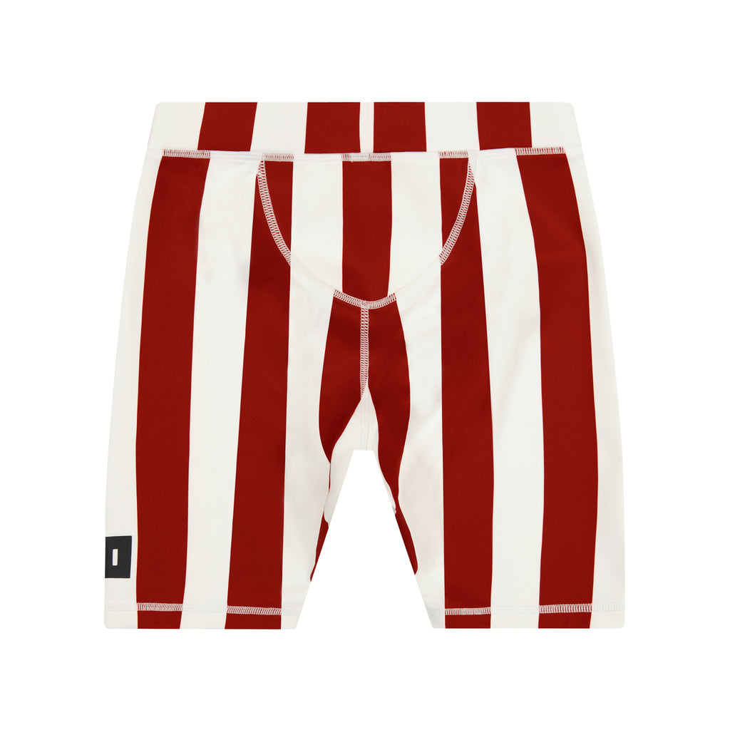 Red shorts with white stripes on the side